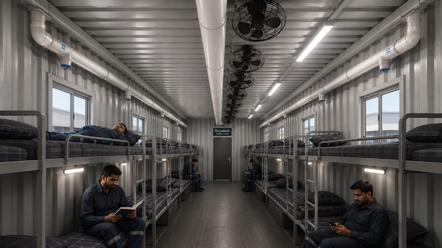 Interior concept showing ventilation, lighting, bunks and a central aisle inside the Heyaansh Comfort Cabin