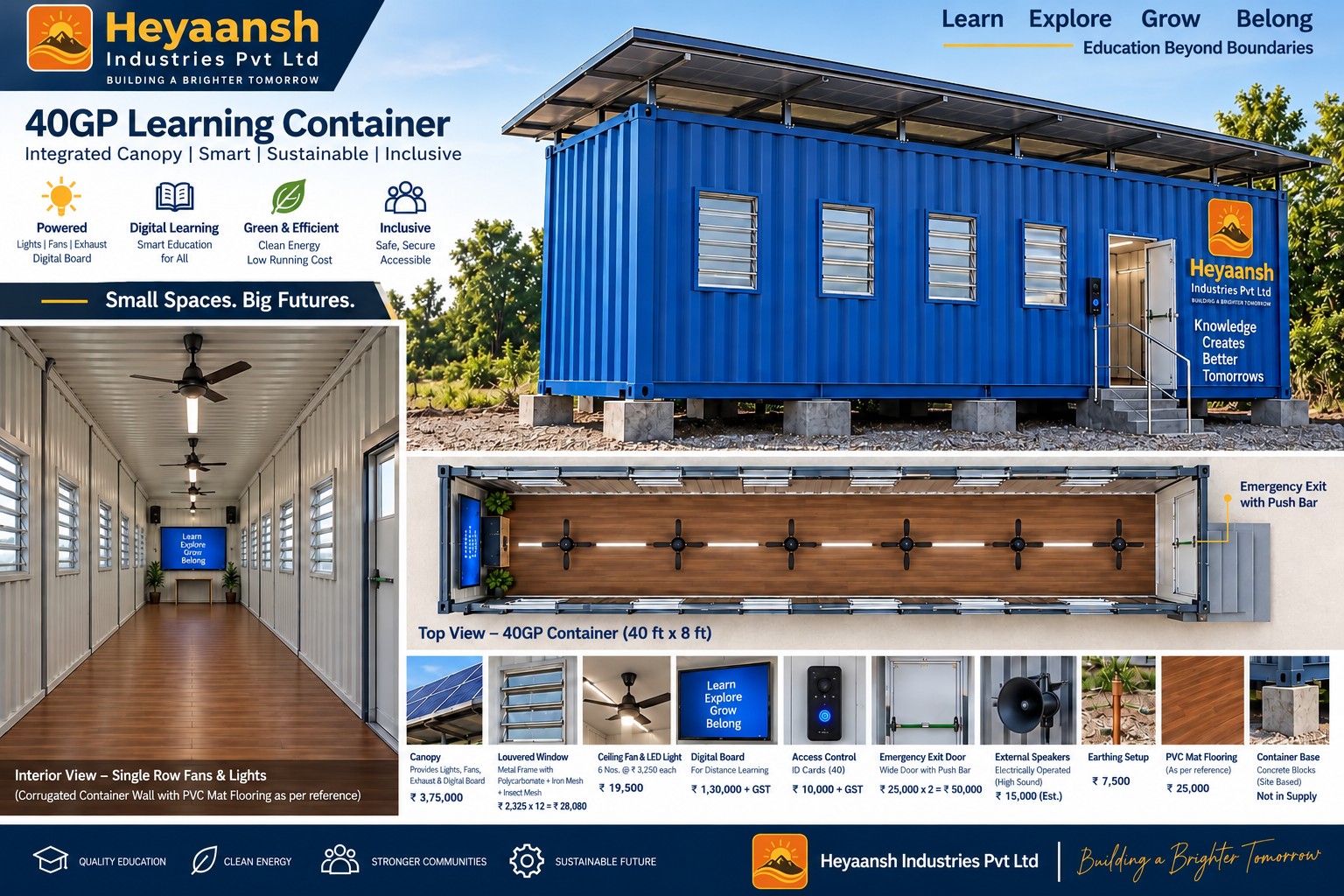 Exterior concept of the Heyaansh 40GP Container Classroom with full-roof shade canopy