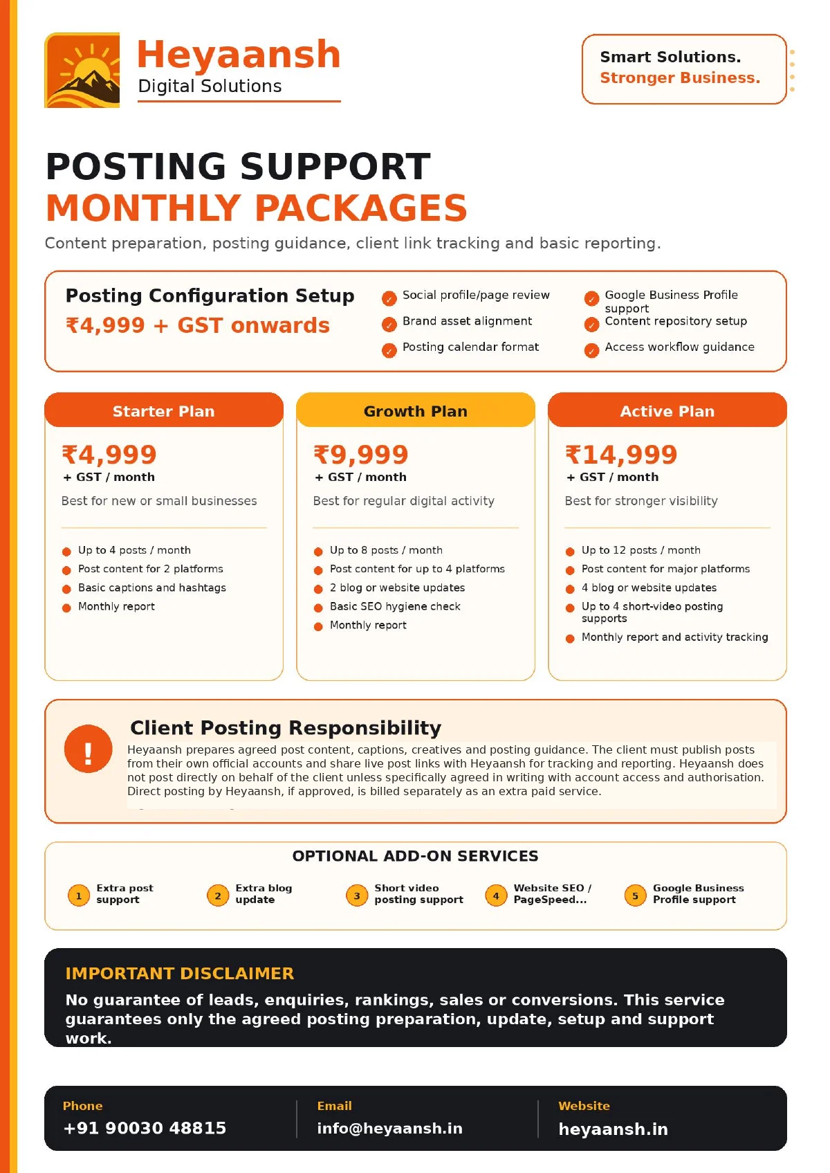 Posting Support Monthly Packages brochure page showing Starter, Growth and Active plan pricing with responsibility note