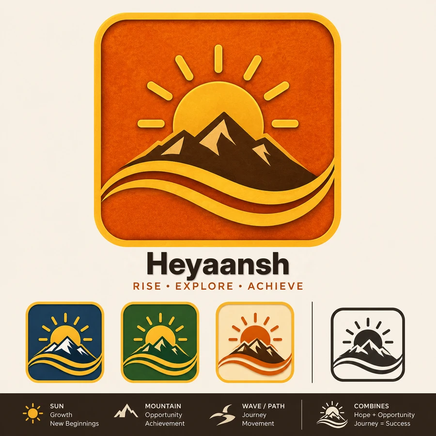 Heyaansh logo concept board showing sun, mountain and wave path symbolism